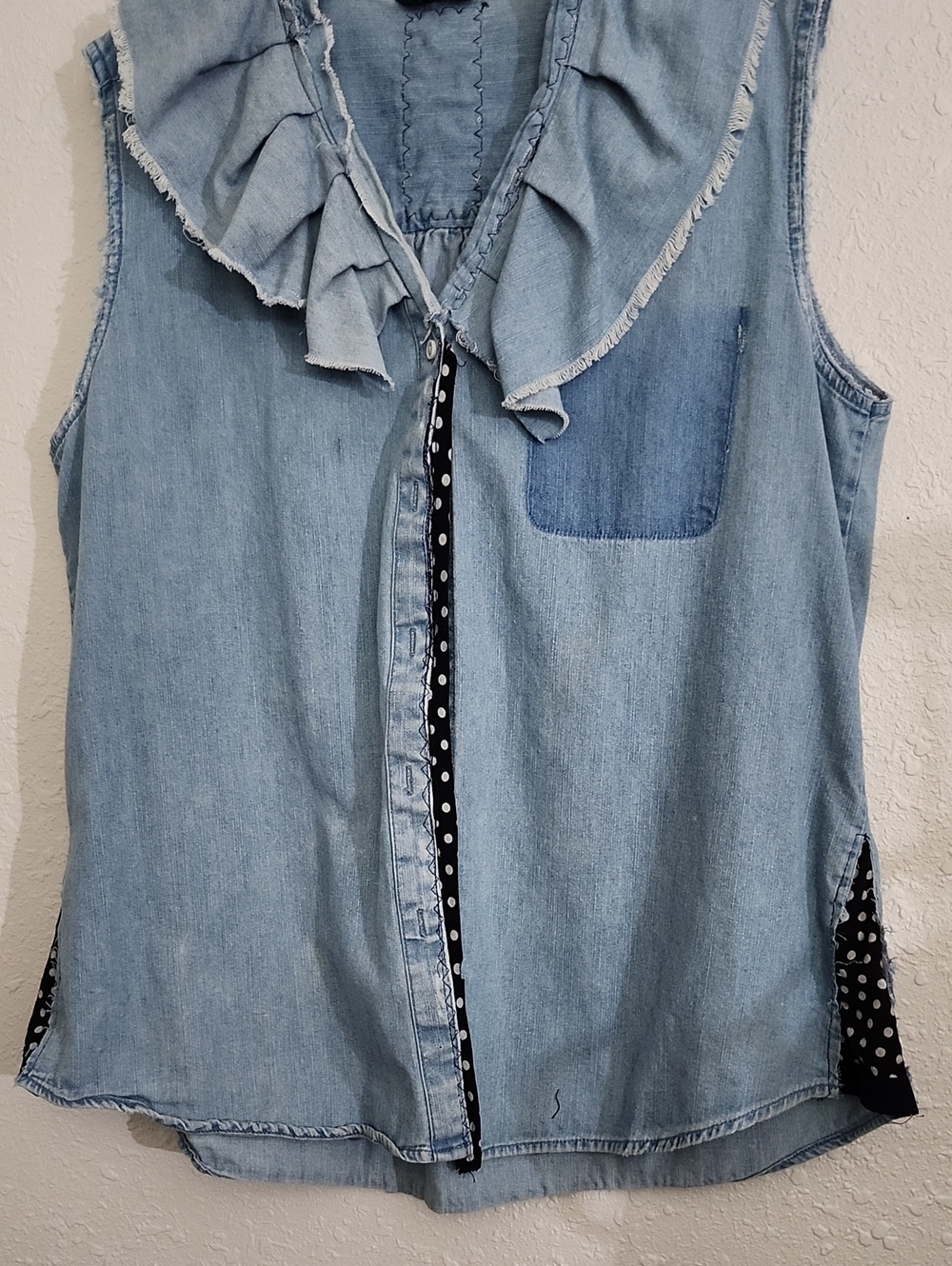 Joe's Jeans Light Blue Denim Ruffle Tank with Polka-Dot Trim